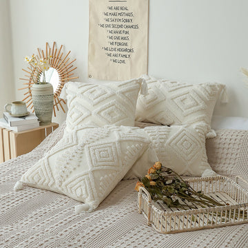 Cotton Duck Tufted Decorative Pillow Cover, Geo Pattern, With Tassels