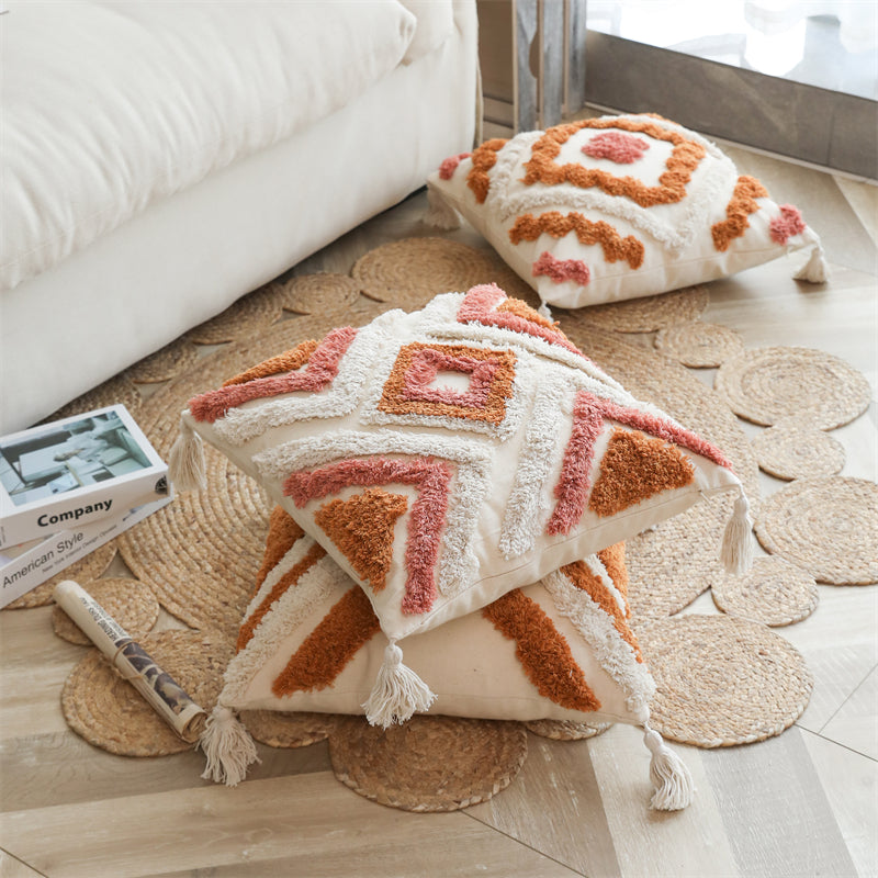 Boho Tufted Cotton Accent Pillow Cover With Tassels