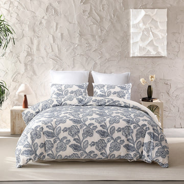 Wholinens 3-piece Luxury Floral Clipped Jacquard Duvet Cover Set