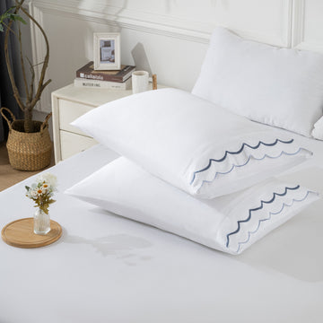 Luxury 400 Thread Count Cotton Sateen Pillowcases with Scallop Embroidery, Hotel Collection Style – 2-Pack, 20x30", Blue & Gray