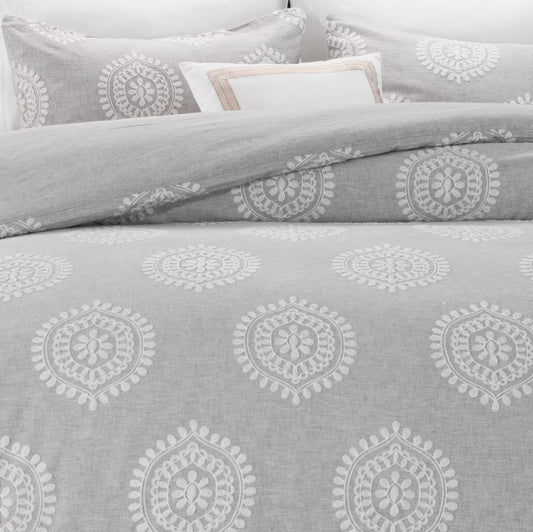 Linen Blend Duvet Cover 3Pcs Set With Crewel Embroidery
