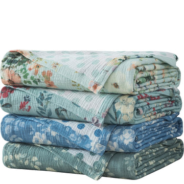 Reversible Cotton Muslin Blanket, 3-Layer Ultra Soft Breathable Gauze Throw for Bed Sofa Couch, Lightweight Floral Blanket for All Seasons