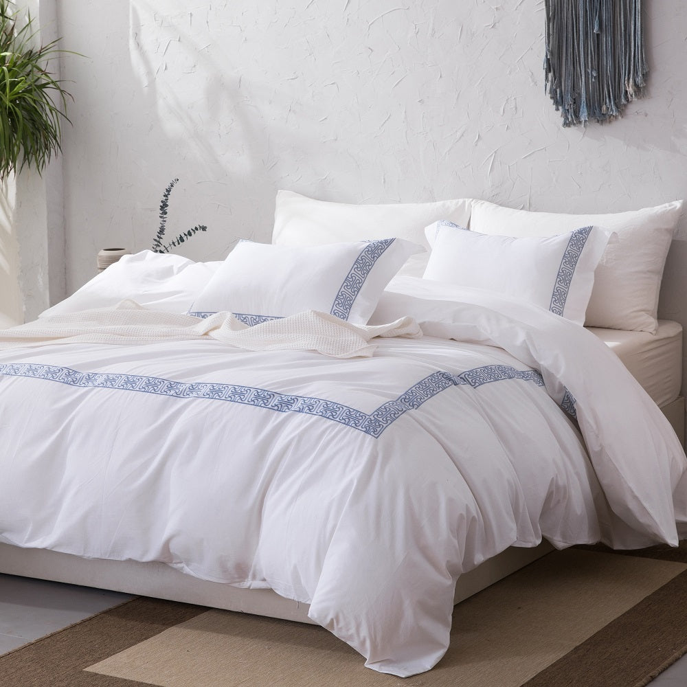 Cotton Percale Embroidered Duvet Cover Set, Lattice Pattern