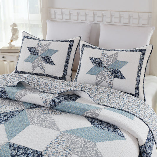 Patchwork Quilt Set 100% Cotton Washed Quilted Farmhouse Bedding for Cottage Coastal Guest Bedroom Adults