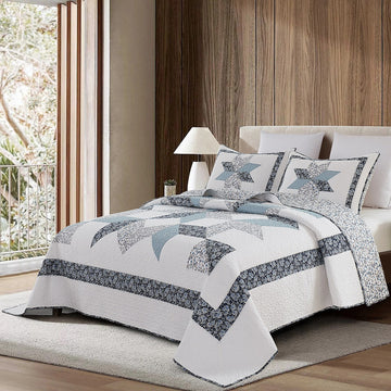 Patchwork Quilt Set 100% Cotton Washed Quilted Farmhouse Bedding for Cottage Coastal Guest Bedroom Adults