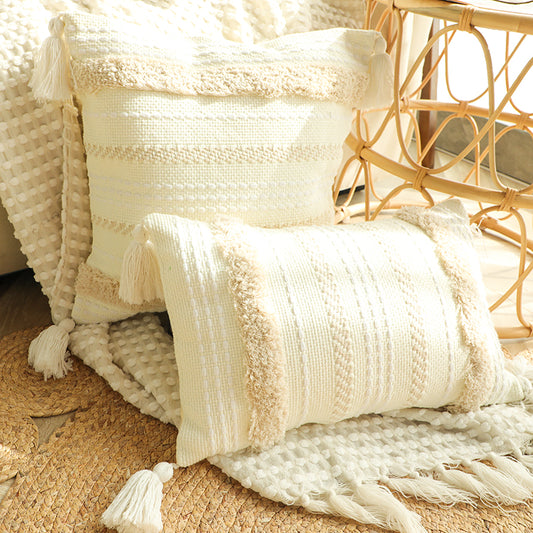 Hand Woven Cotton Blend Tufted Pillow Cover, With Tassels