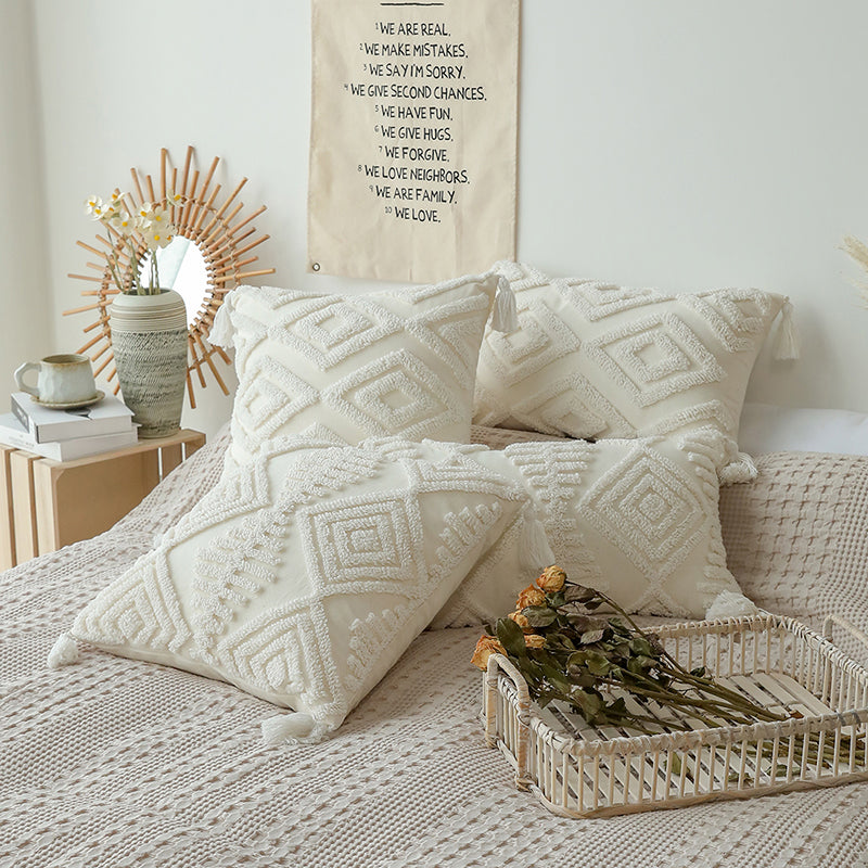 Cotton Duck Tufted Decorative Pillow Cover, Geo Pattern, With Tassels