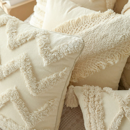 Cotton Textured Tufted Accent Pillow Cover With Tassels