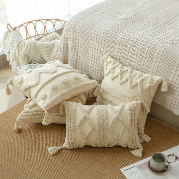 Cotton Textured Tufted Accent Pillow Cover With Tassels