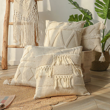Linen Blend Boho Pillow Cover, Natural Color, Tufted With Fringe