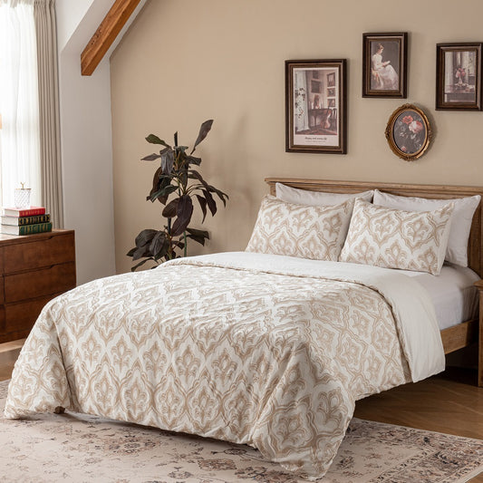 Artisan Texture Duvet Cover Set 3pc, 100% Slub Cotton Jacquard, Floral Design, Queen/King