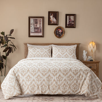 Artisan Texture Duvet Cover Set 3pc, 100% Slub Cotton Jacquard, Floral Design, Queen/King
