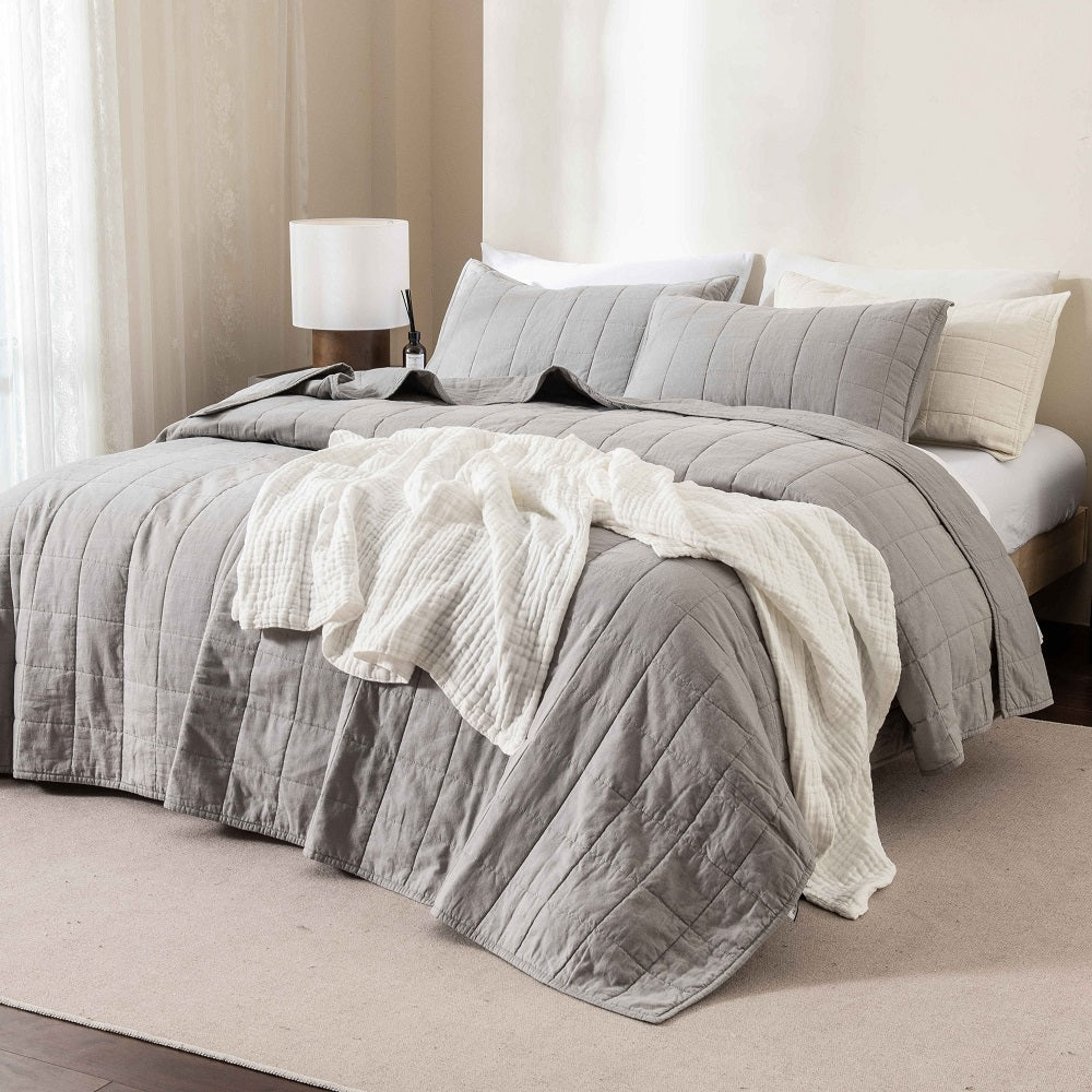 WHOLINENS Linen Blend Quilt & Pillow Shams, Stone Washed Lofty French Linen coverlet set
