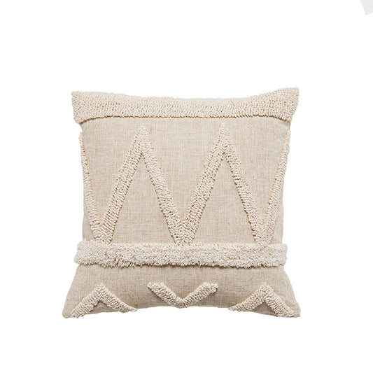 Linen Blend Boho Pillow Cover, Natural Color, Tufted With Fringe