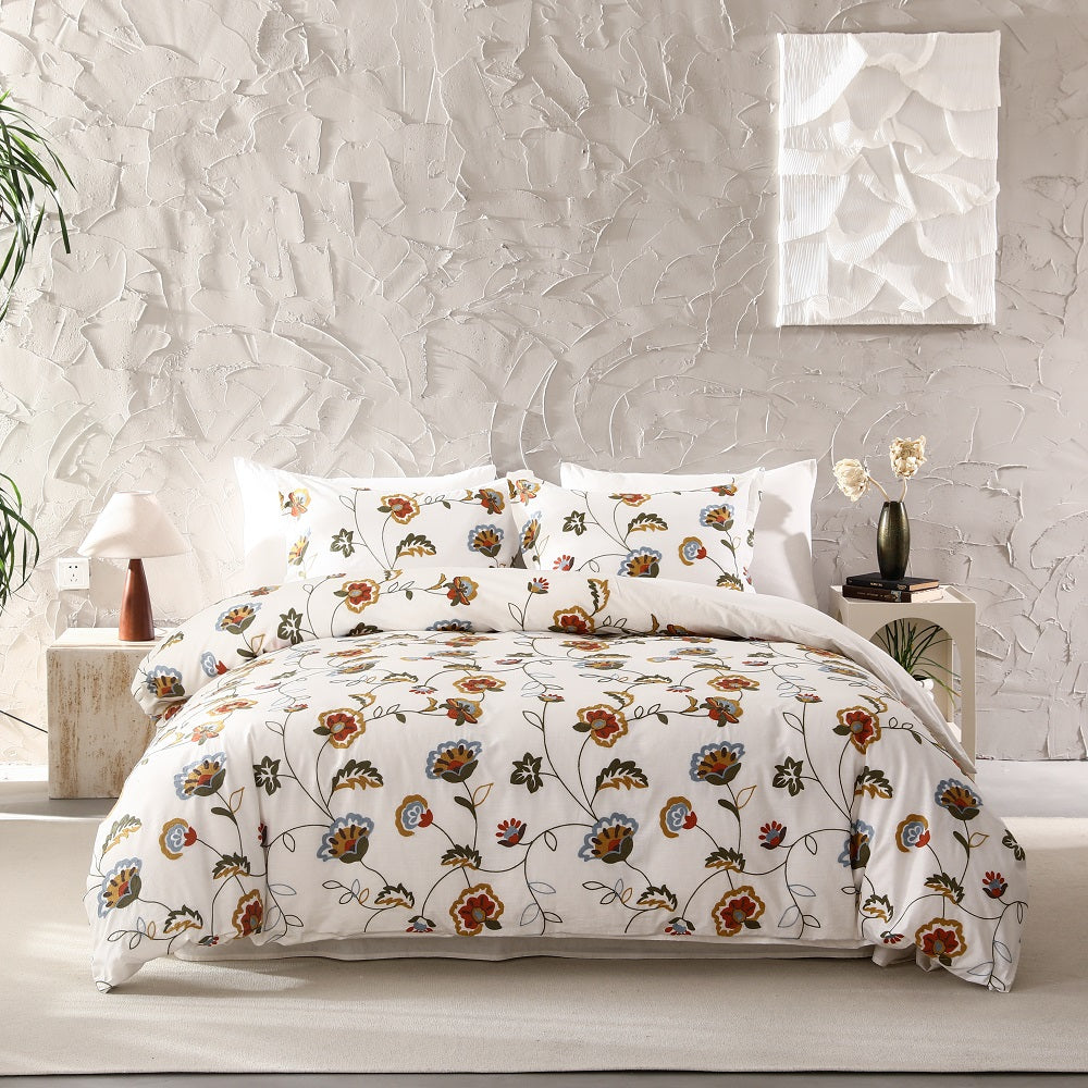 Floral Crewel Embroidery Duvet Cover 3pcs Set