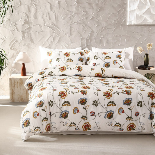 Floral Crewel Embroidery Duvet Cover 3pcs Set