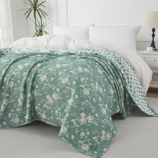 Reversible Cotton Muslin Blanket, 3-Layer Ultra Soft Breathable Gauze Throw for Bed Sofa Couch, Lightweight Floral Blanket for All Seasons