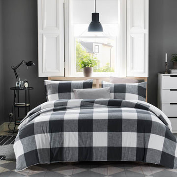 Slub Cotton Duvet Cover Set 3PCS - Textured Buffalo Check Bedding with Corner Ties, Eco-Friendly Luxury for Modern Bedrooms