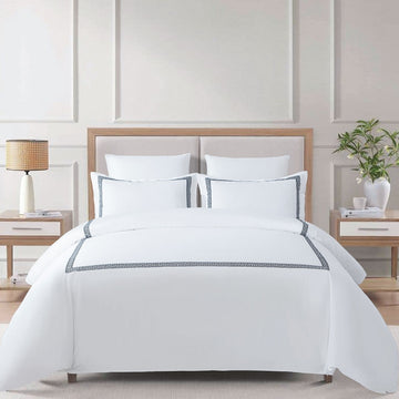 Cotton Embroidered Duvet Cover Set – Greek Key Luxury Bedding,  Modern Hotel Style Bedding – Queen/King