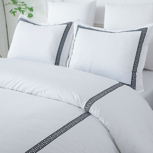 Cotton Embroidered Duvet Cover Set – Greek Key Luxury Bedding,  Modern Hotel Style Bedding – Queen/King