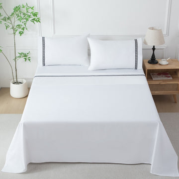 Greek Key Cotton Sheet Set – 200TC Embroidered Bedding Set, Deep Pocket Fitted Sheet (16”) – Soft Breathable Luxury Bed Sheets for Queen/King Modern Bedroom