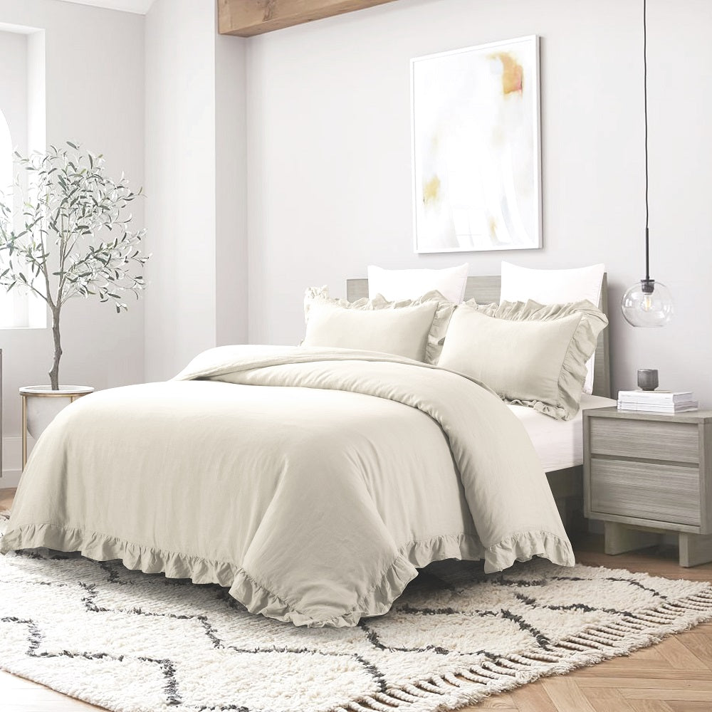 WHOLINENS Linen Duvet Cover Set-Stone Washed, Ruffled Edge