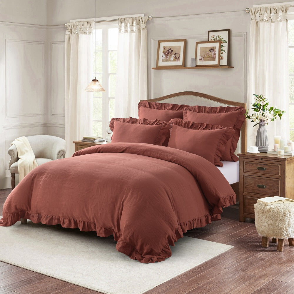 WHOLINENS Linen Duvet Cover Set-Stone Washed, Ruffled Edge