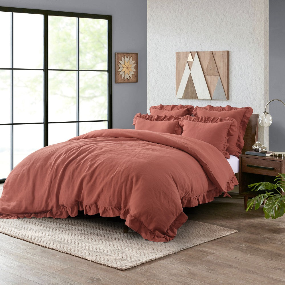 WHOLINENS Linen Blend Duvet Cover Set-Stone Washed Ruffled